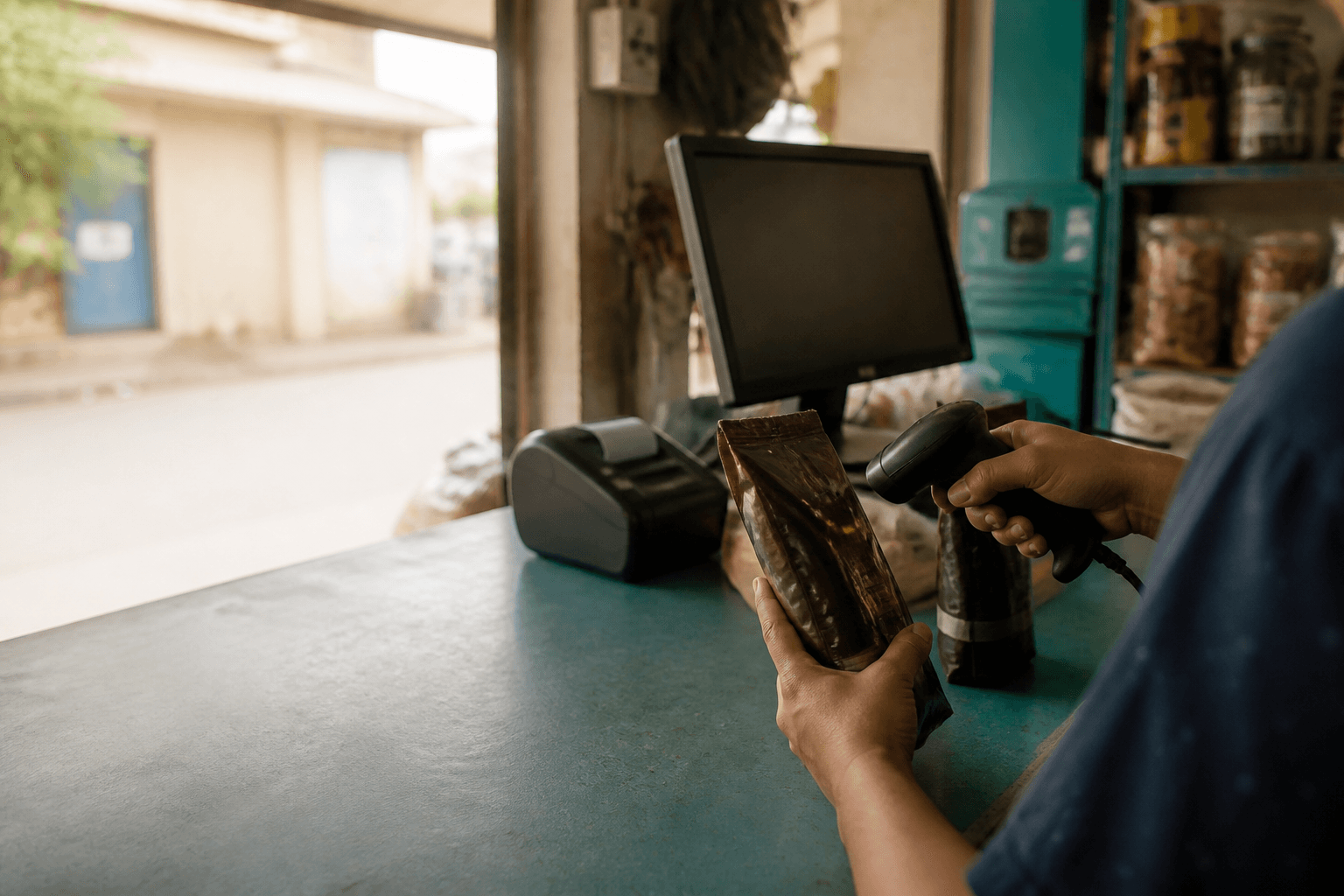 Hands scanning coffee packages at an everyday shop counter beside a receipt printer