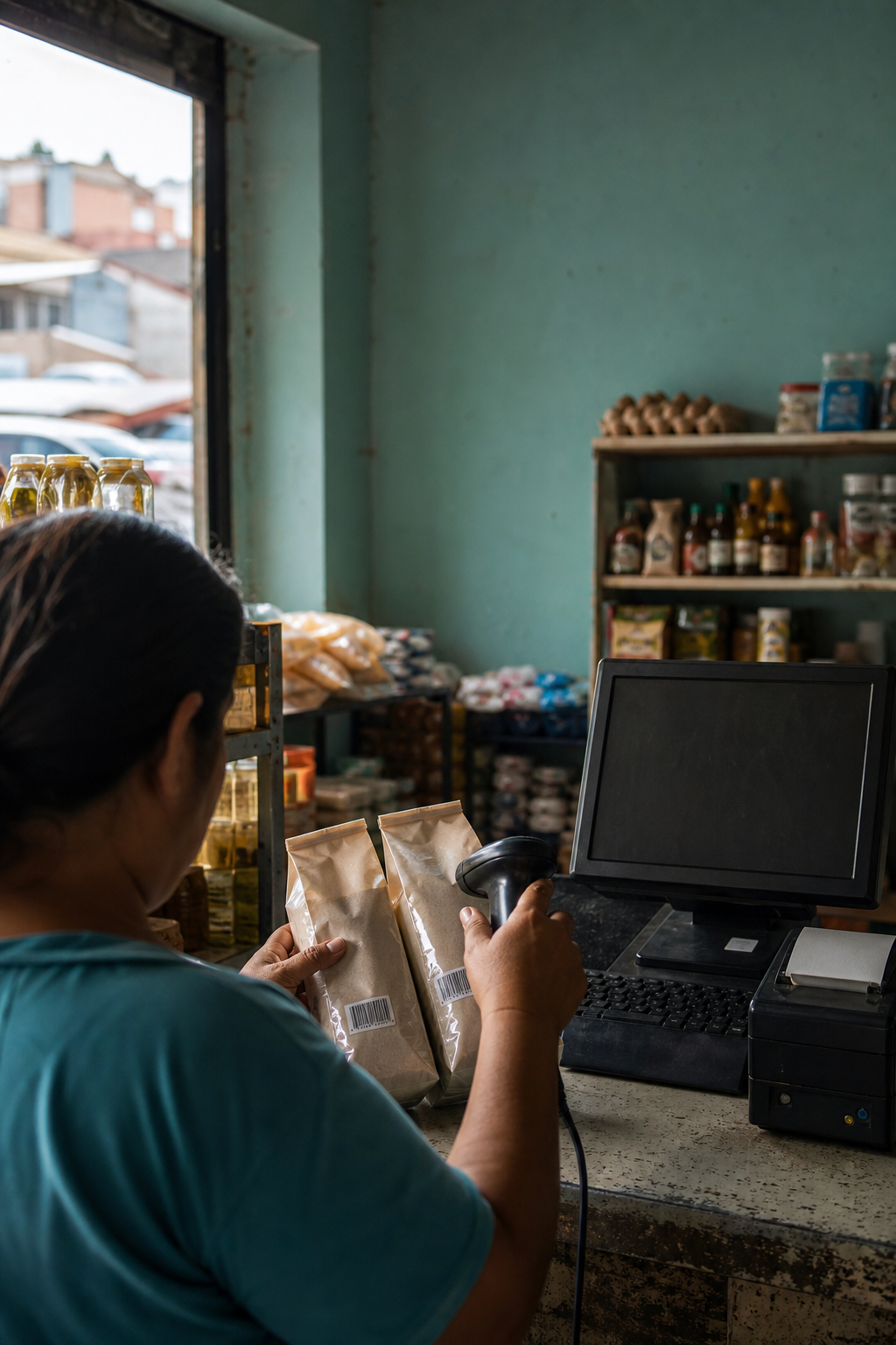 The same shop in a vertical crop: shopkeeper scanning packages at the register